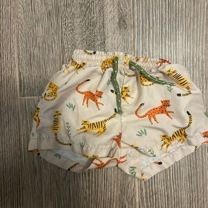 Zara Cream Swim Trunks with Orange & Yellow Tiger Print and Green Drawstring